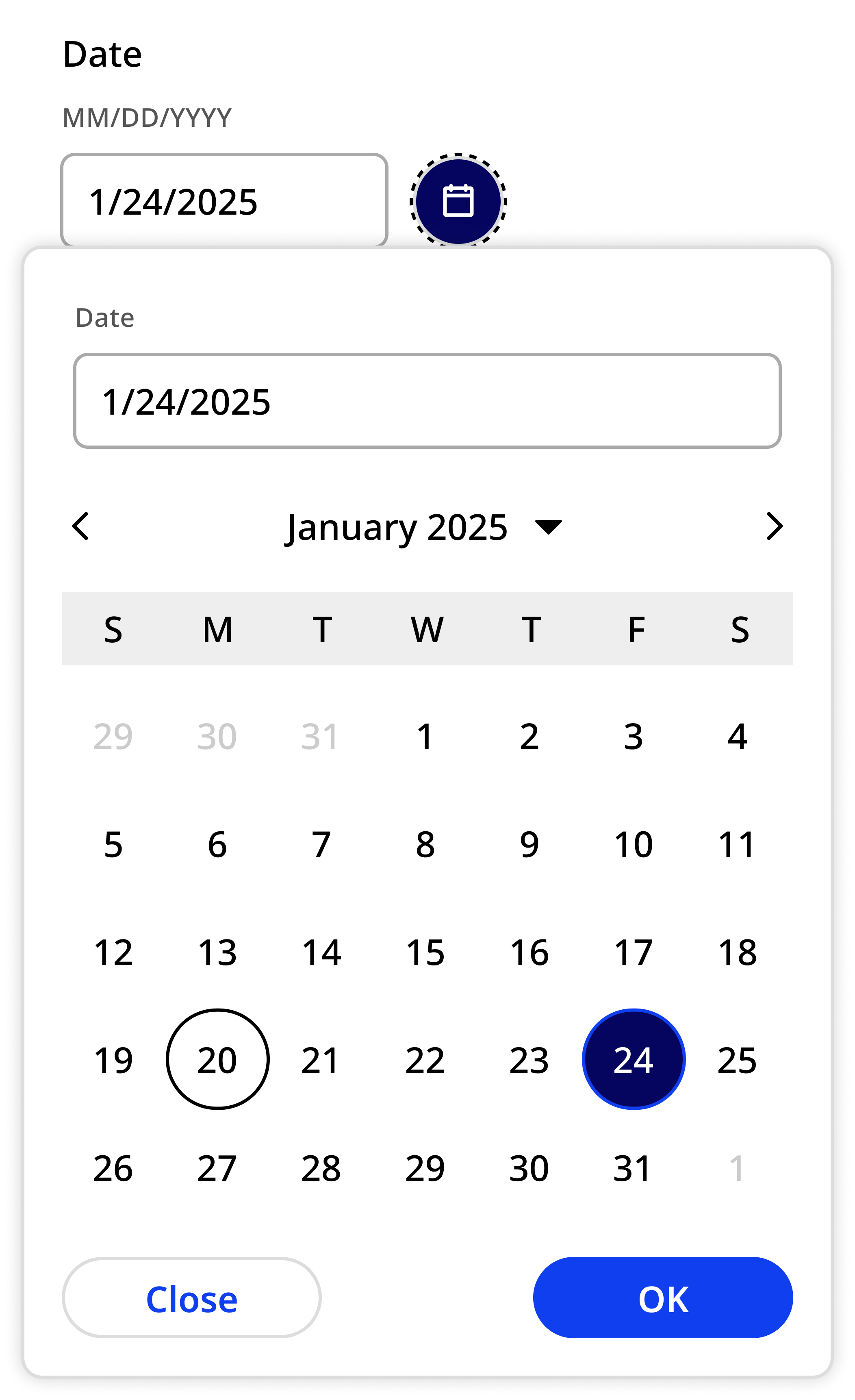 Date input field is visible on the page and within the open single selection calendar component modal.